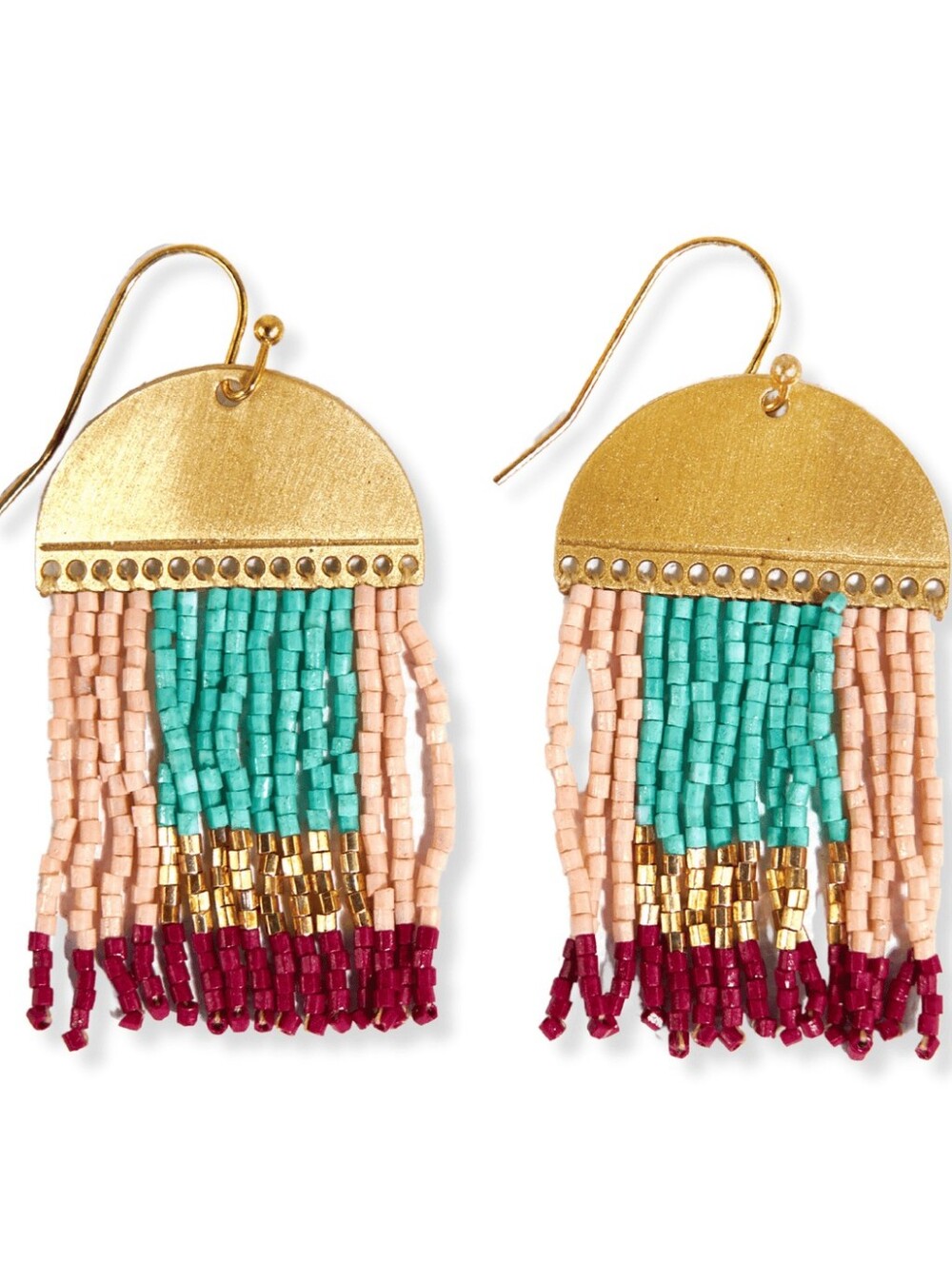 Ink+Alloy Birdie Beaded Fringe Earrings Brass Half Circle Teal Pink Maroon 2"